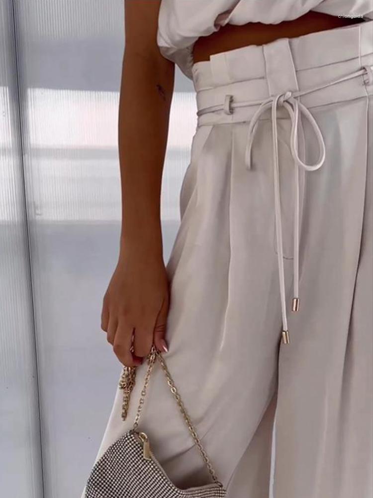 Womens Two Piece Pants Beige Elegant Sets Women Outfit Silk Pleated Texture Sleeveless Top Wide Leg Set HighCollar Summer Matchin