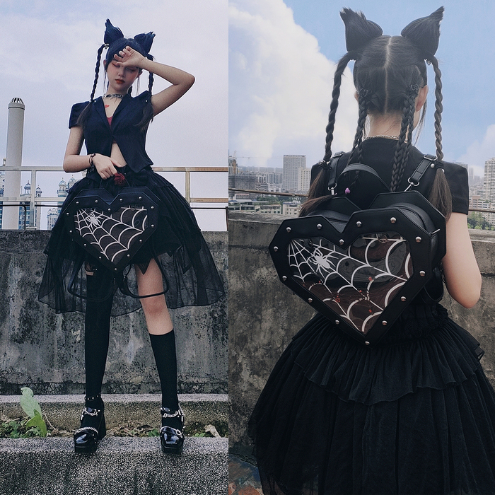 School Bags Gothic Spiderweb Heart Shaped Ita Backpacks for Dark Lolita Holloween Pin Display Clear Window Handbag and Shoulder Bag Gifts 230729