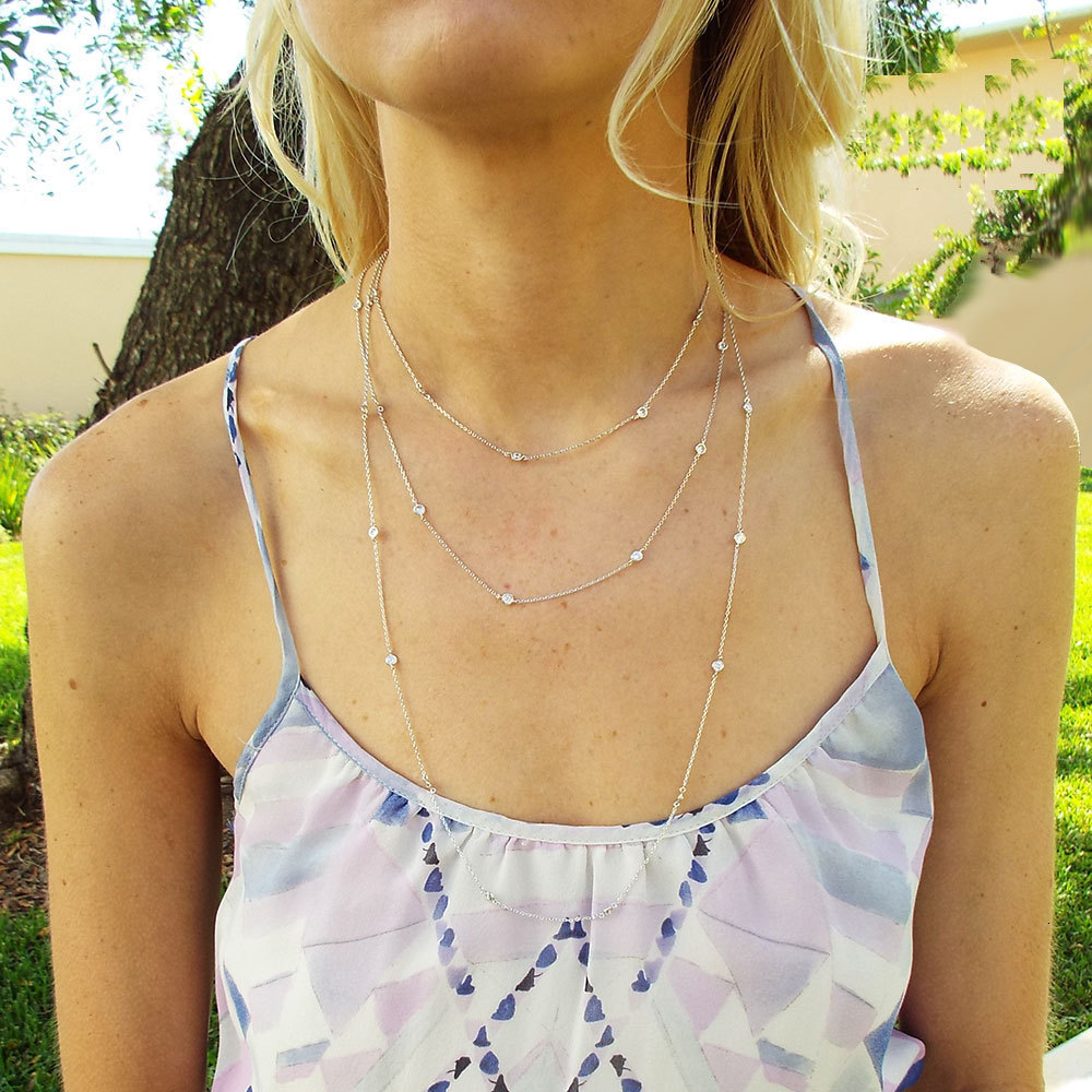 Strands Strings 925 Sterling Silver CZ Station Chain Necklace Sparking 5A Cubic Zirconia One Double Triple Multi Row Women Collar 230729