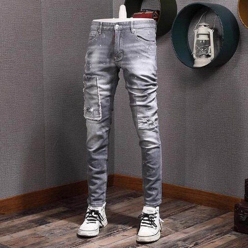 Gray Jeans Patchwork Distressed Whisker-Washed Slim Fit For Men's
