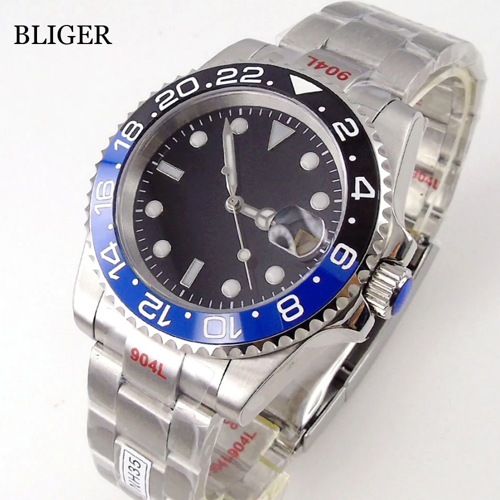 Other Watches BLIGER NH35A PT5000 MIYOTA Black Blue Green Insert Automatic Men Watch 40mm Brushed Steel Bracelet Date Luminous Sapphire Glass 230729