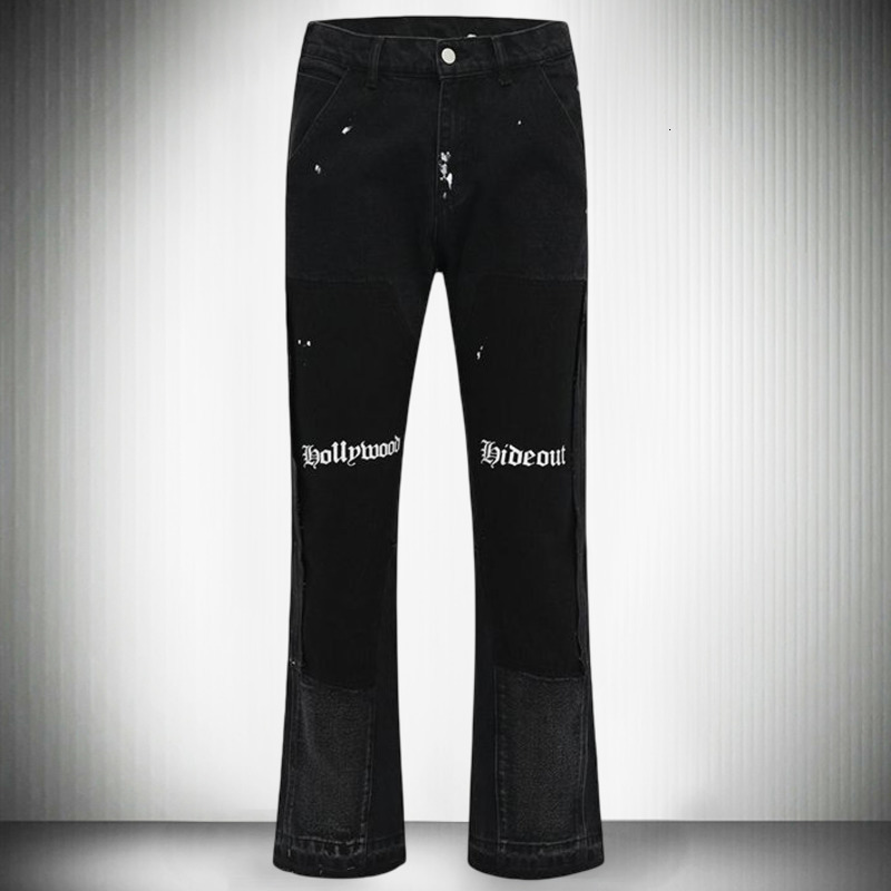 Mens Jeans High Street Jeans Splicing Contrasting Colors Jeans Black Punk Hip Hop Jeans Pants Streetwear Splicing Men Jeans Men Flare Jeans 230729