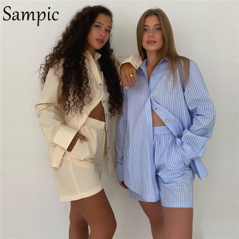 Women's Two Piece Pants Sampic Loung Wear Tracksuit Women Shorts Set Stripe Long Sleeve Shirt Tops And Waist Loose High Mini Shorts Two Piece Set