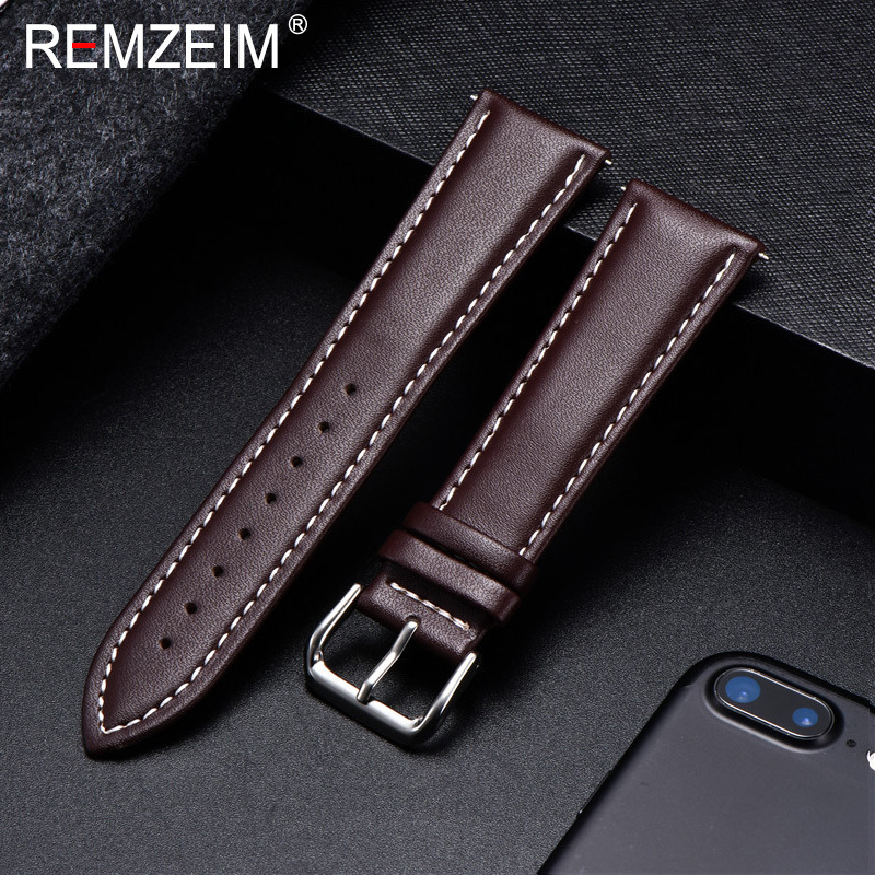 Watch Bands REMZEIM Calfskin Leather Watchband Soft Material Watch Band Wrist Strap 18mm 20mm 22mm 24mm With Silver Stainless Steel Buckle 230729