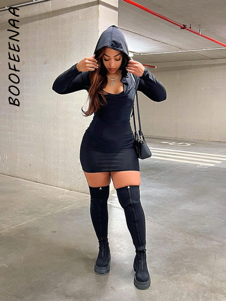 Basic Casual Dresses BOOFEENAA Hooded Long Sleeve Bodycon Mini Dress Streetwear Fashion Sexy Black Fall for Women 2023 C85 BE22 230729