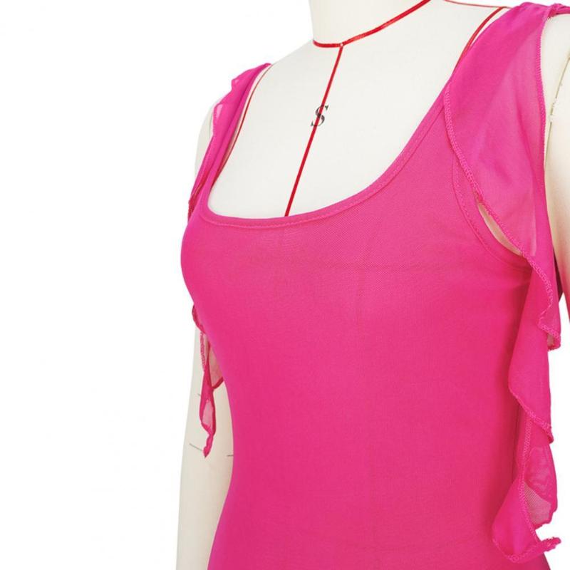 Casual Dresses Women Mini Dress Low-cut Square Neck Shirring Fringe Skinny Solid Color High Elasticity Mesh Backless Lady Short