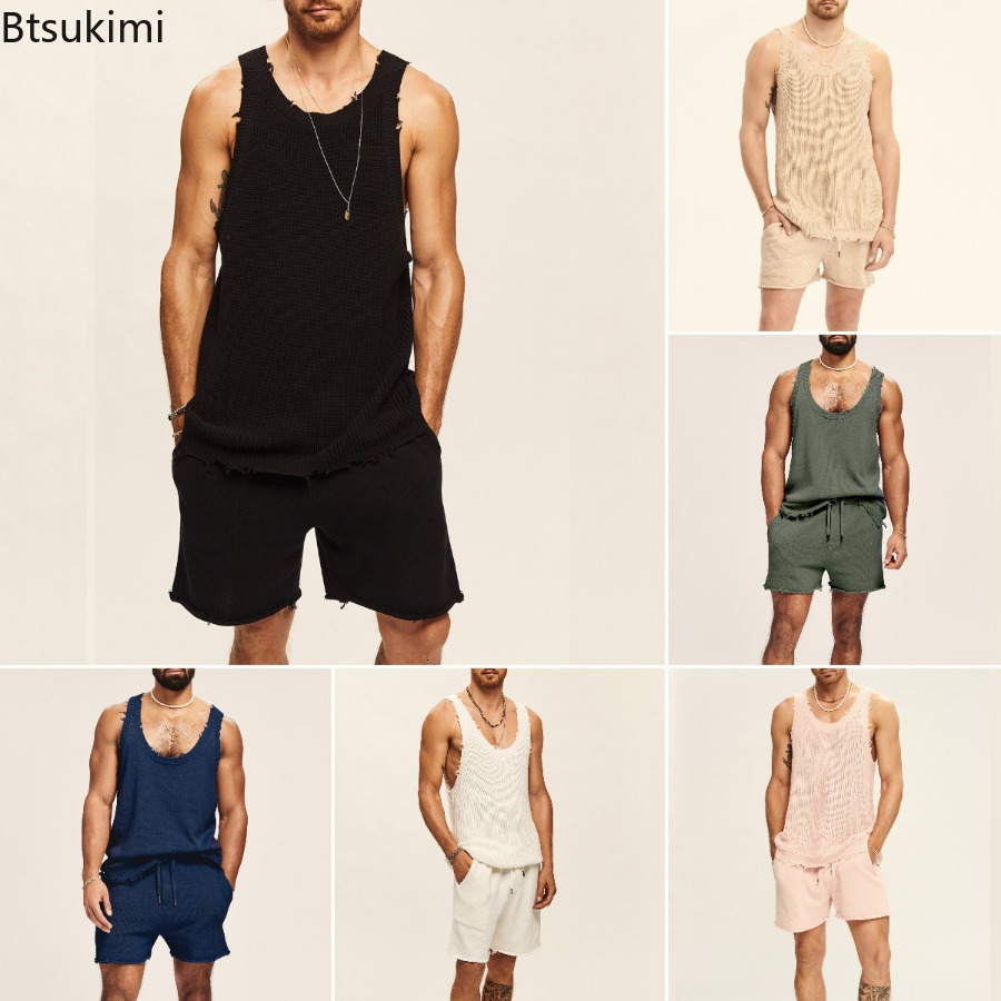 Mens Tracksuits Summer Casual 2PCS Sets Knitted Fashion Tank Tops and Shorts Two Piece Set Streetwear Clothes Men 230731