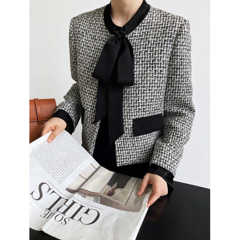 Womens Jackets Spring Autumn Bow Tie Short 20% Wool T Jacket Women Houndstooth Plaid Round Neck Long Sleeve Coat 230729