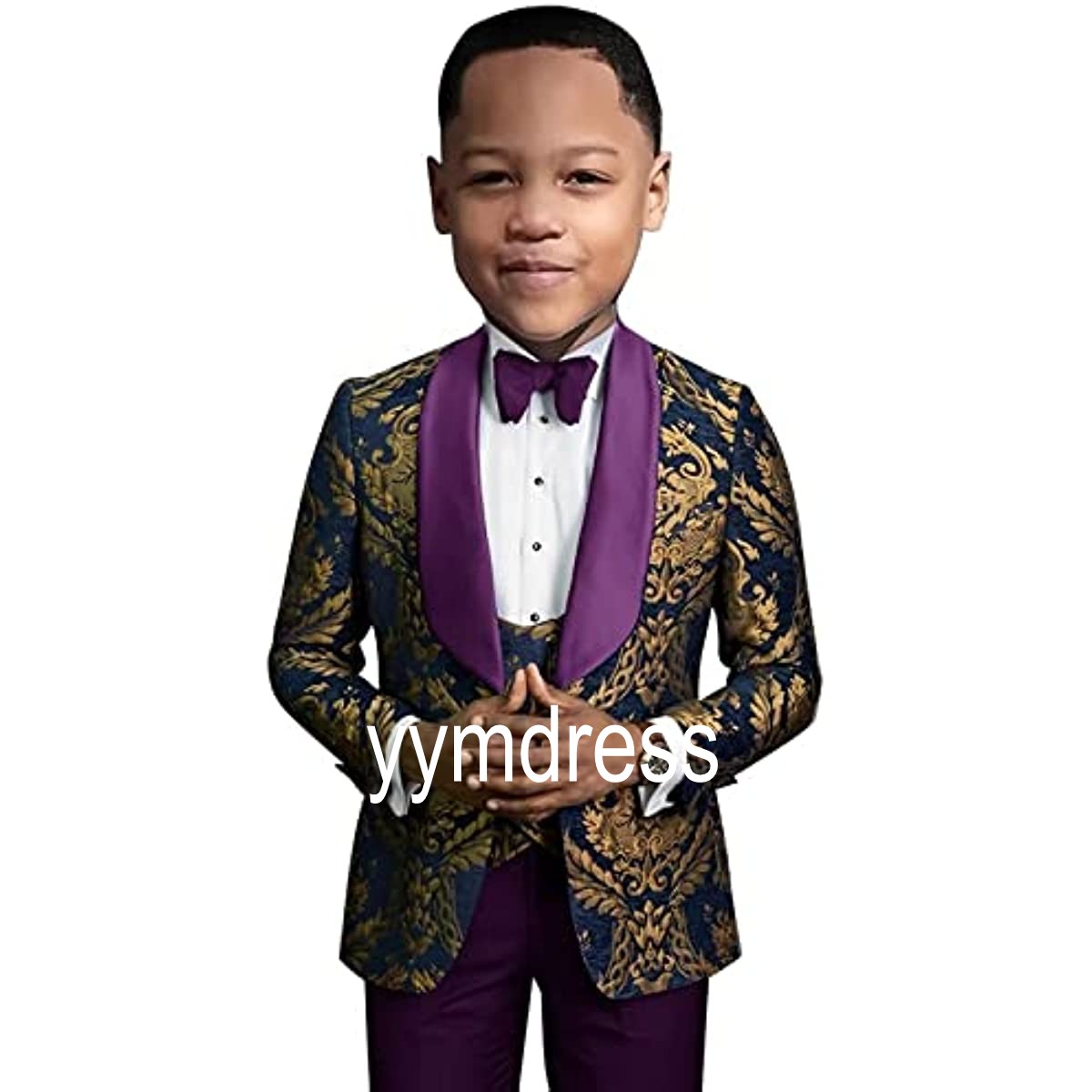 Gold Jacquard Boys Tuxedos For Wedding Ring Bearer Suits Page Boy One Buttons Shawl Lapel (Jacket+Pants+Bow+Vest) Baby Birthday Party