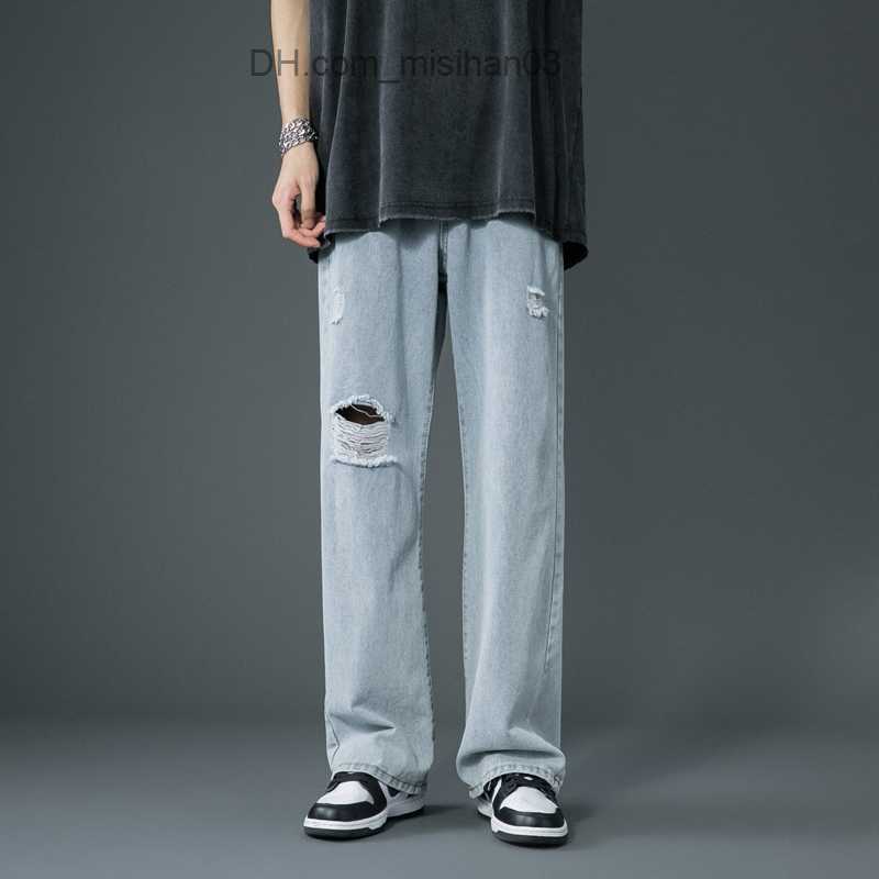Men's Pants Spring and summer new thin tear jeans South Korea street fashion loose Denim Trousers loose blue casual pants Z230801