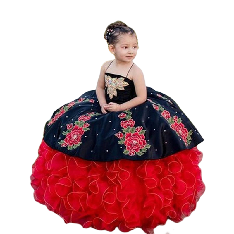 Mexican Embroidery Floral Flower Girls Dresses Charro Ball Gown Organza Tiers Ruffles Floor Length Black And Red Appliques Wedding Party Pageant Dress