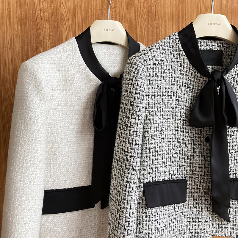 Womens Jackets Spring Autumn Bow Tie Short 20% Wool T Jacket Women Houndstooth Plaid Round Neck Long Sleeve Coat 230729
