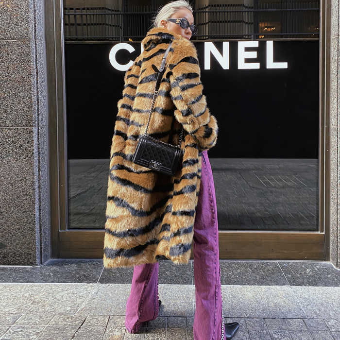 Women's Fur Faux Fur Artificial Fur Coats Autumn Winter Warm Fur Imitation Fur Coat Imitation Tiger Pattern Fur Lengthened Fashion Casual Overcoa