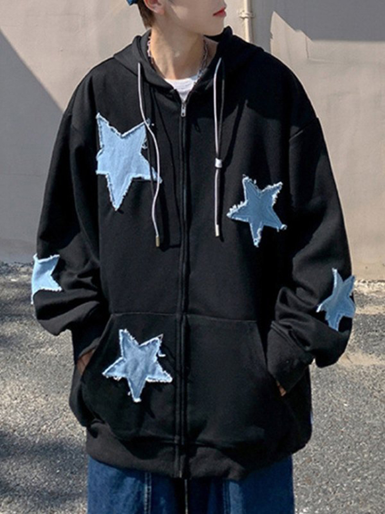 Mens Jackets Fashion Y2k Jacket Coat Harajuku Star Patch Zipper Oversized Hoodies Streetwear Hip Hop Gothic Loose Pocket Man Sweatshirts 230731