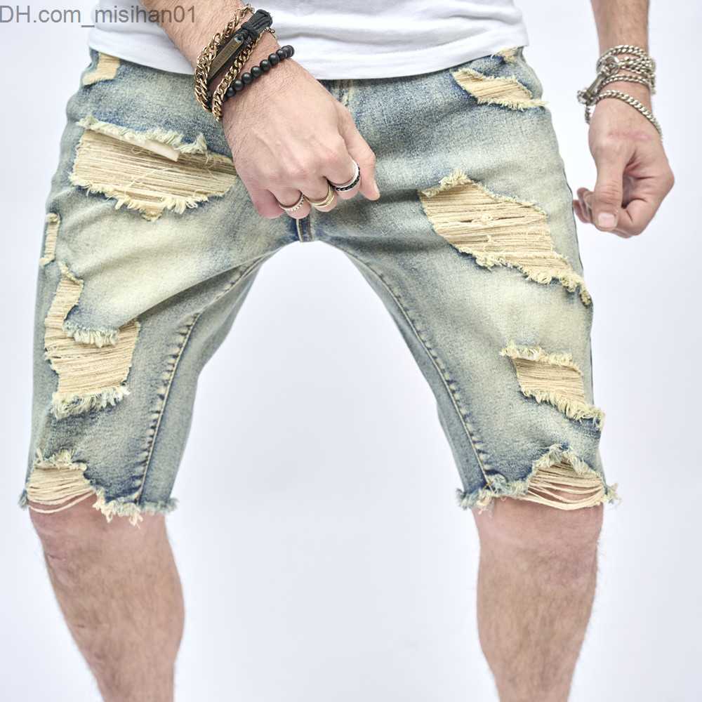 Men's Pants New Men's Summer Street Clothing Slim Fit Open Front Denim Shorts Fashion Hole Solid Casual Straight Jeans Men's Five Point