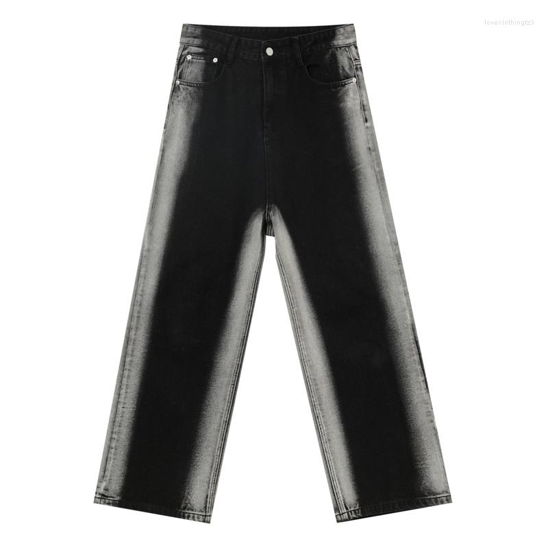 Men's Tie-Dye Straight Jeans - Wide Leg Loose Fit, Cotton, Black, Casual Streetwear