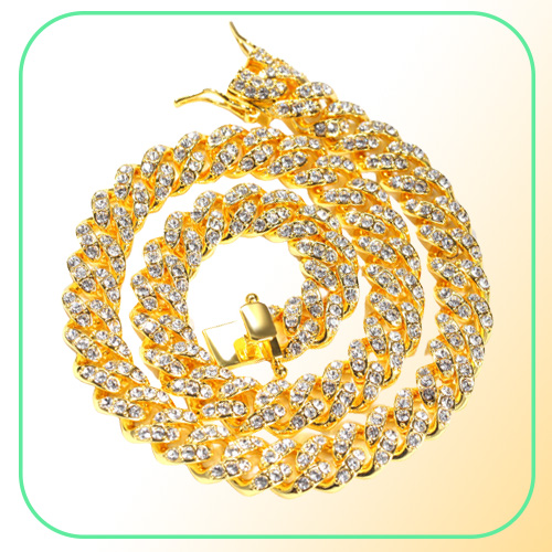 12mm hip hop jewelry cuban link chain mens gold necklace designer chain for man Diamond Iced Out Alloy Chains Austrian Rhinestone