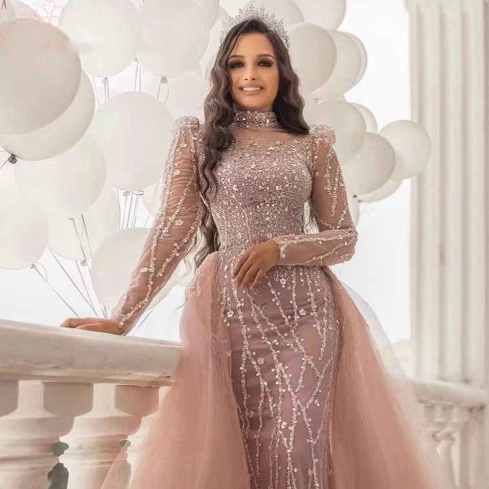 Shiny Gown Vintage Mother Of The Bride Dresses Mermaid Dubai Arabic Sequined Bg Long Sleeves Lace Appliques Crystal Beads Evening Gowns Wear Wedding G