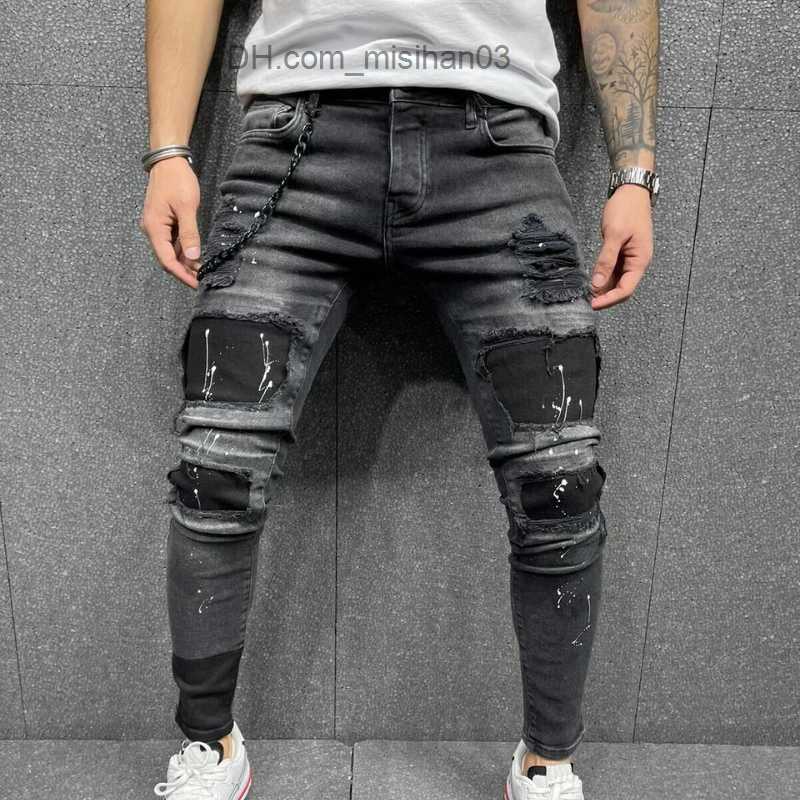 Men's Pants New Men's Four Seasons Small Feet Pencil Pants Stripe Denim Cropped Pants Stitching Pattern Jeans 2022 New Men's Jeans Z230