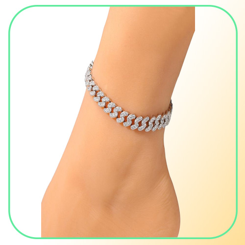 Fashion Womens Anklets Bracelet Iced Out Cuban Link Chain Anklet Bracelets Gold Silver Pink Diamond Hip Hop Jewelry