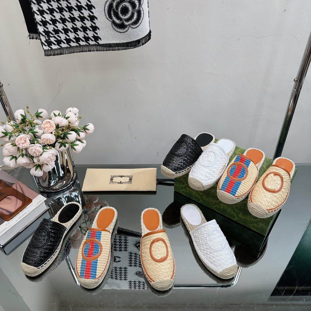 Espadrilles tissées entrelacées féminines G Espadrille Mules Slippers Flat Raffia Sandales Designer Sand Casual Sand Shoes Footwear Footwear Tail