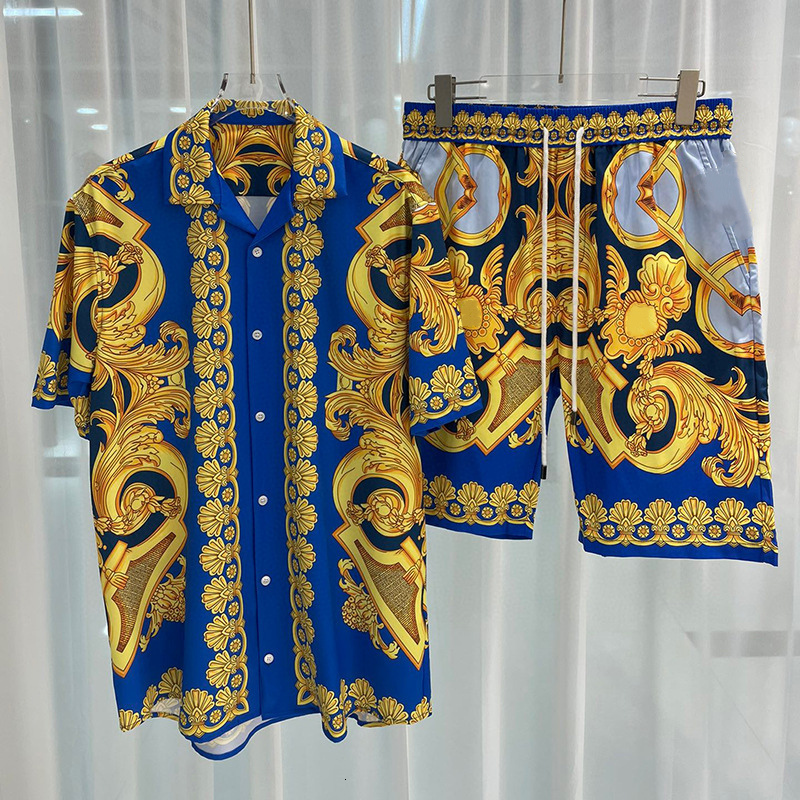 Mens Tracksuits Fashion Gold Baroque Court Print Shirt Hip Hop Beach ShirtShorts Men Summer Casual Short Sleeve Hawaiian Set Button Down 230731