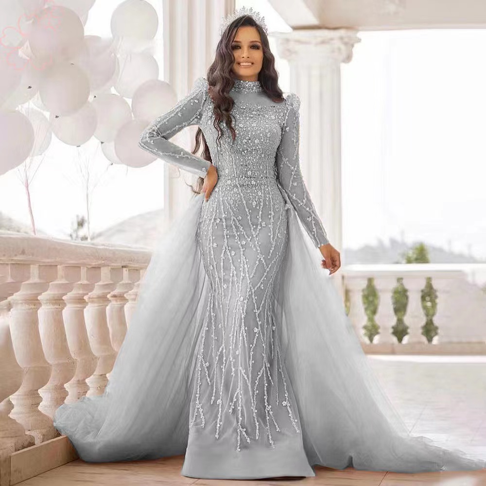 Shiny Gown Vintage Mother Of The Bride Dresses Mermaid Dubai Arabic Sequined Bg Long Sleeves Lace Appliques Crystal Beads Evening Gowns Wear Wedding G