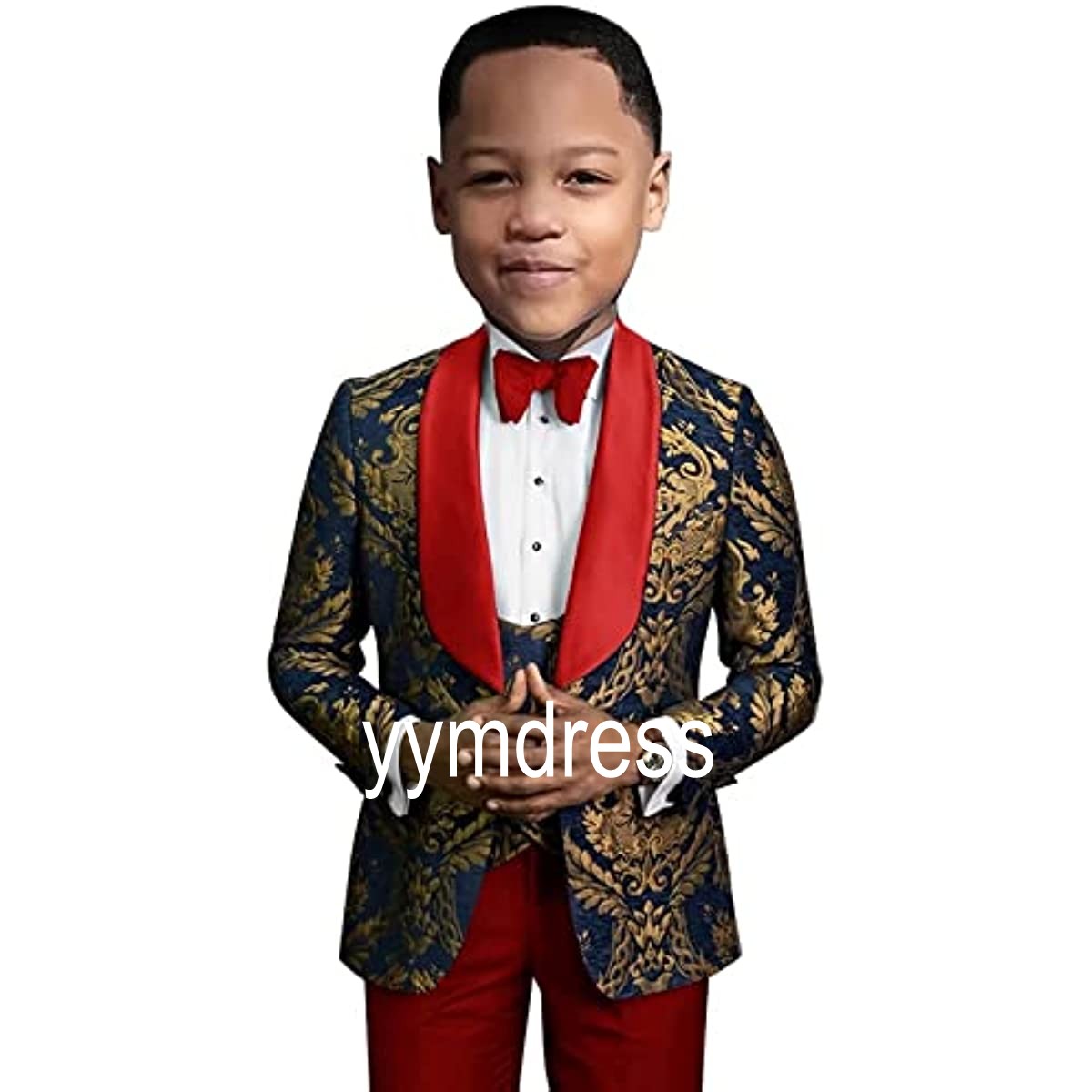 Gold Jacquard Boys Tuxedos For Wedding Ring Bearer Suits Page Boy One Buttons Shawl Lapel (Jacket+Pants+Bow+Vest) Baby Birthday Party
