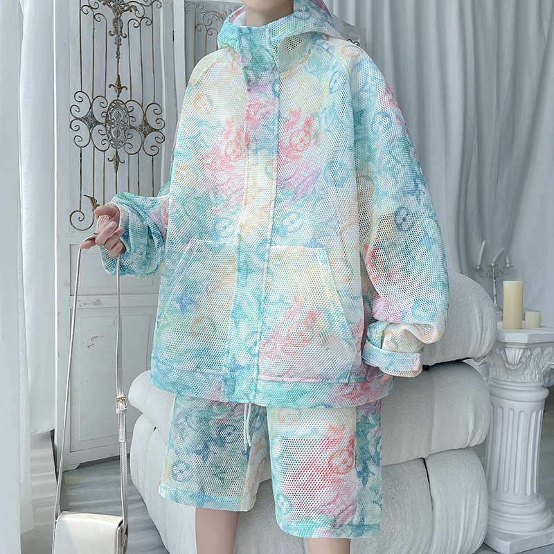 Mens Tracksuits Summer Jacket Sunscreen Clothing Men and Women Couples Loose Print Half Pants Male Large Size Breathable Twopiece 230731