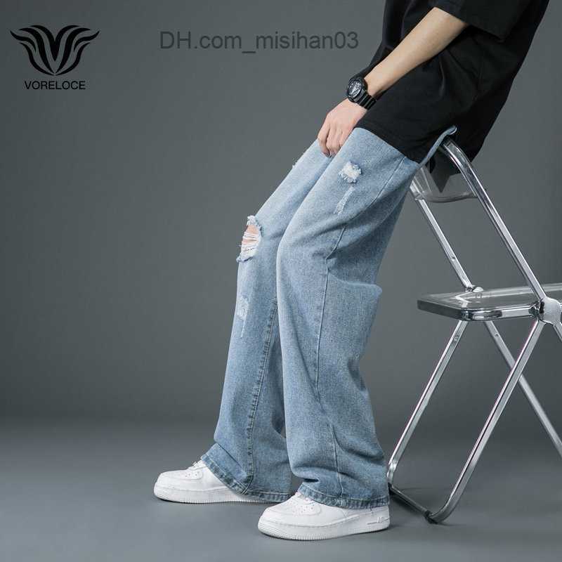 Men's Pants Spring and summer new thin tear jeans South Korea street fashion loose Denim Trousers loose blue casual pants Z230801