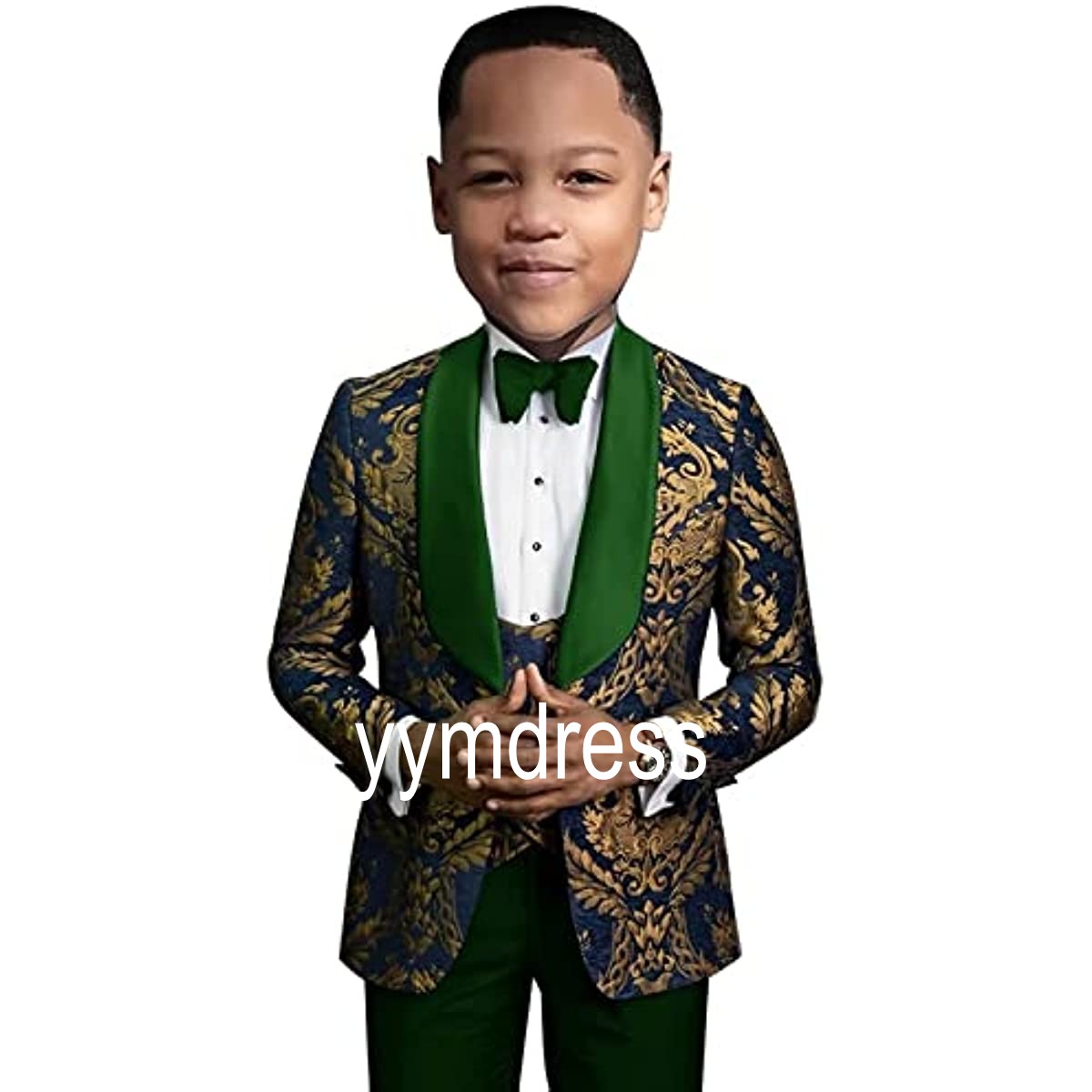 Gold Jacquard Boys Tuxedos For Wedding Ring Bearer Suits Page Boy One Buttons Shawl Lapel (Jacket+Pants+Bow+Vest) Baby Birthday Party