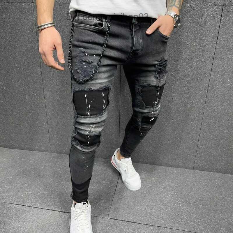 Men's Pants New Men's Four Seasons Small Feet Pencil Pants Stripe Denim Cropped Pants Stitching Pattern Jeans 2022 New Men's Jeans Z230