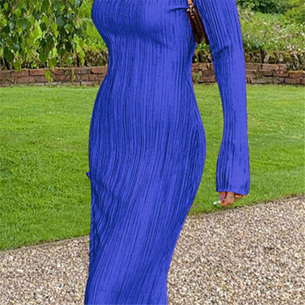 Designer skirt long Sleeve Dresses women dress Comfortable casual commuter urban women's round neck long sleeve slim pleated long skirt high-wais