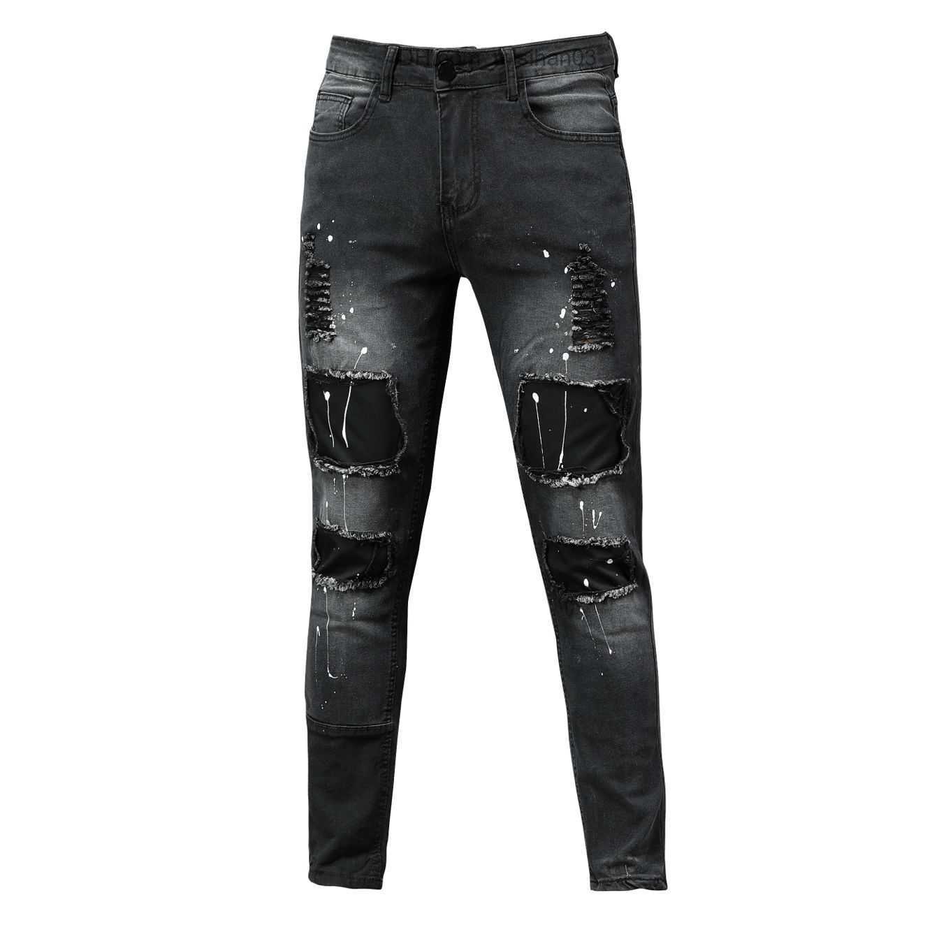 Men's Pants New Men's Four Seasons Small Feet Pencil Pants Stripe Denim Cropped Pants Stitching Pattern Jeans 2022 New Men's Jeans Z230