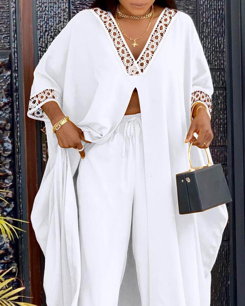 Womens Two Piece Pants Contrast Lace High Slit Longline Top Pants Set Women Solid Color Spring Summer Clothing Suit Blouse Tops High Waist Pants 23072