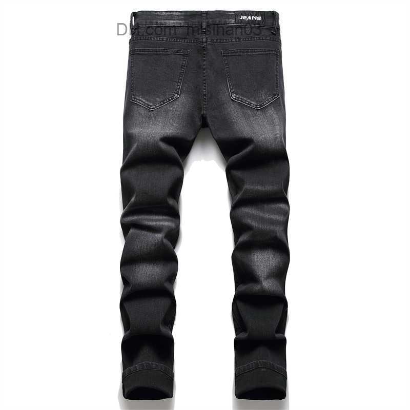 Men's Pants Men's bicycle jeans street clothes Paisley Bandana printed patches elastic Denim pants splicing work holes tear thin straight bl
