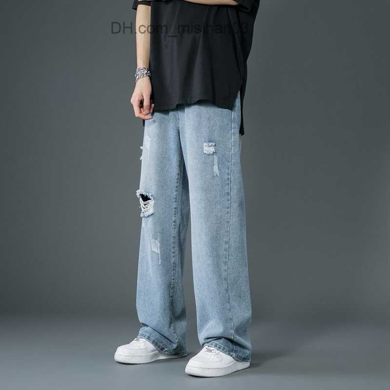 Men's Pants Spring and summer new thin tear jeans South Korea street fashion loose Denim Trousers loose blue casual pants Z230801