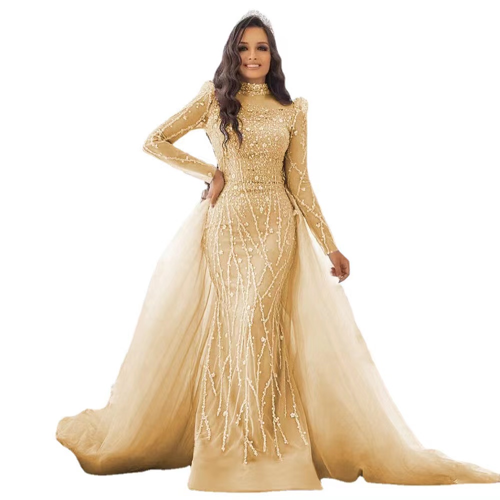 Shiny Gown Vintage Mother Of The Bride Dresses Mermaid Dubai Arabic Sequined Bg Long Sleeves Lace Appliques Crystal Beads Evening Gowns Wear Wedding G
