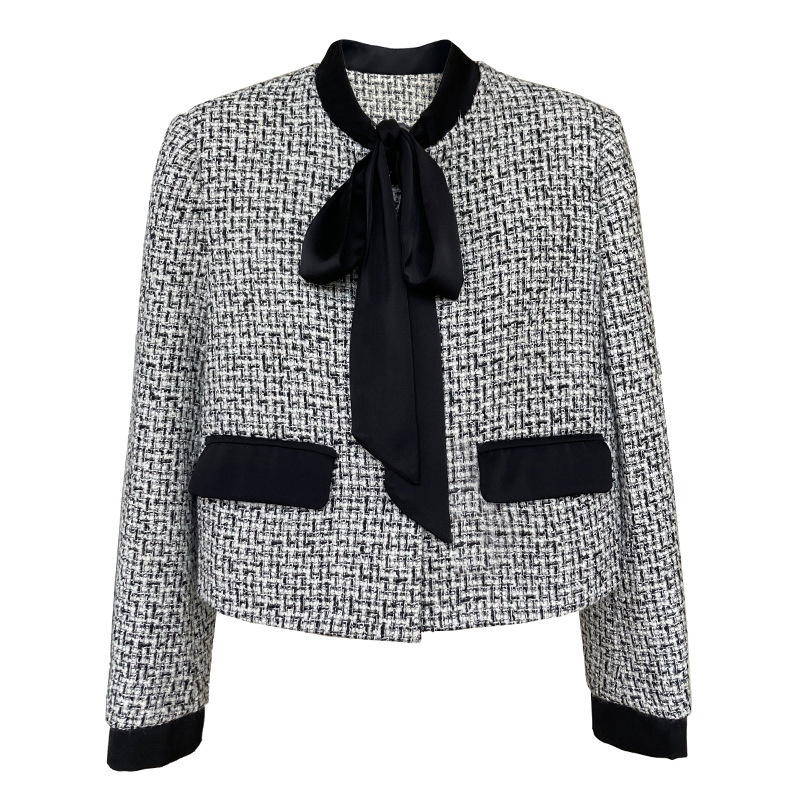 Womens Jackets Spring Autumn Bow Tie Short 20% Wool T Jacket Women Houndstooth Plaid Round Neck Long Sleeve Coat 230729