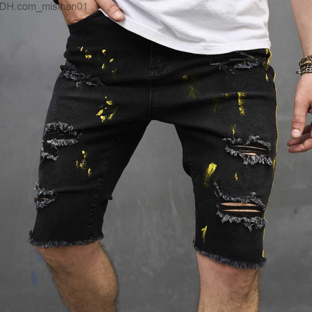 Men's Pants New Men's Summer Street Clothing Slim Fit Open Front Denim Shorts Fashion Hole Solid Casual Straight Jeans Men's Five Point