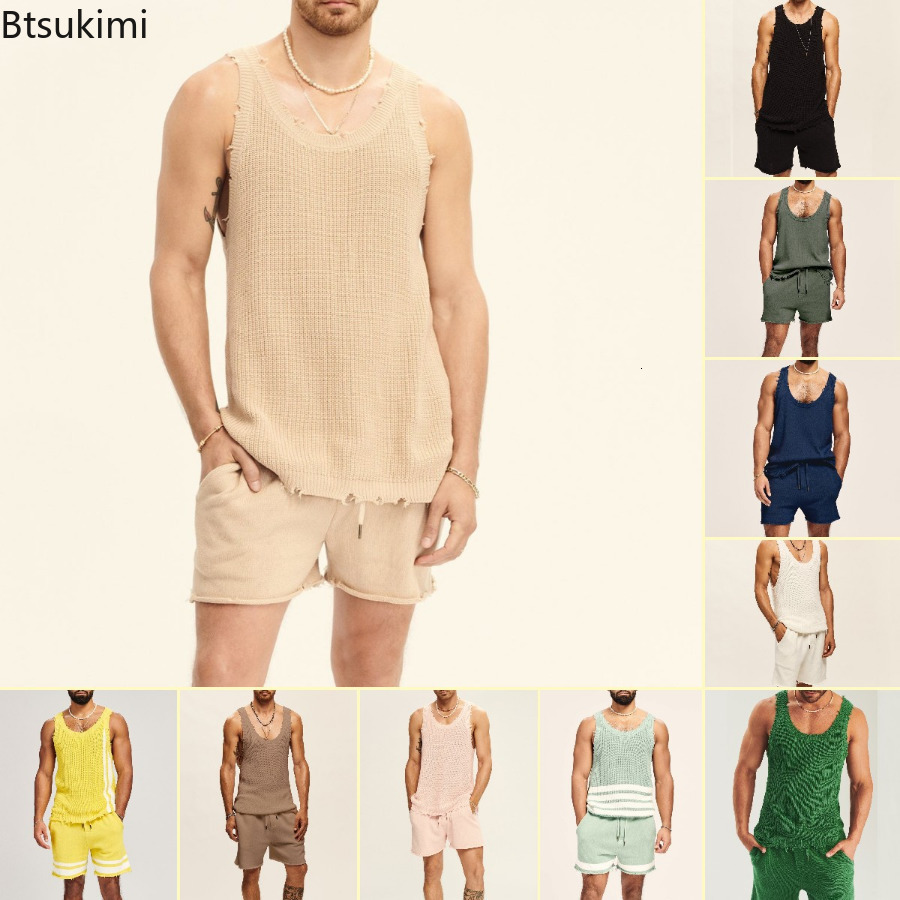 Mens Tracksuits Summer Casual 2PCS Sets Knitted Fashion Tank Tops and Shorts Two Piece Set Streetwear Clothes Men 230731