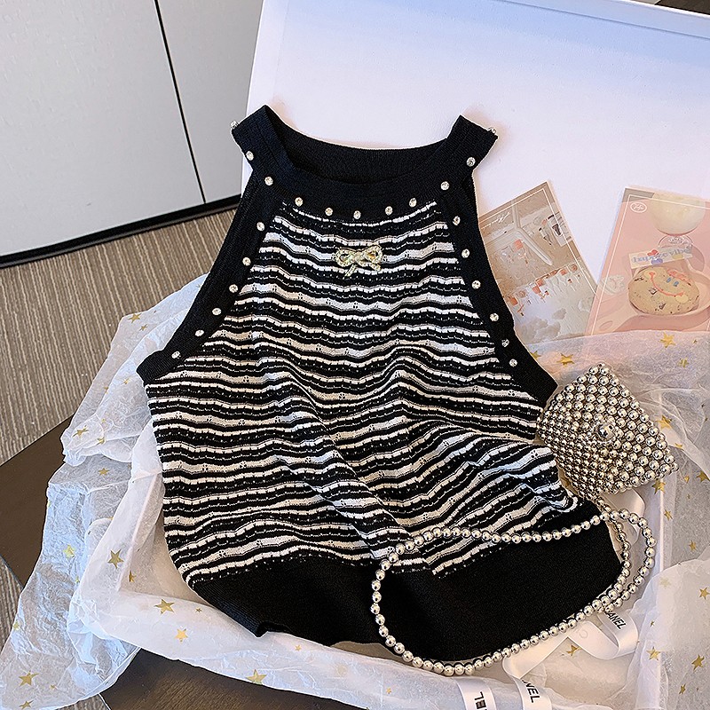 New design womens summer halter neck rhinestone bow knitted tanks camis SML