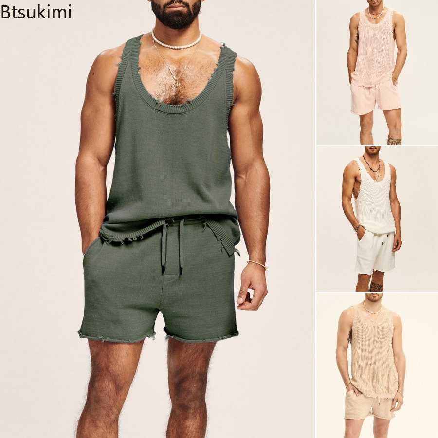 Mens Tracksuits Summer Casual 2PCS Sets Knitted Fashion Tank Tops and Shorts Two Piece Set Streetwear Clothes Men 230731