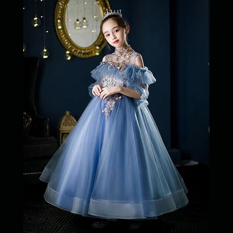 Blue Girls Dresses 3D V Neck Long Sleeve Kids Teens Pageant Gowns Birthday Party Dress For Wedding Cooktail Gown Flower Girl Bride Vestidos De Novia 4