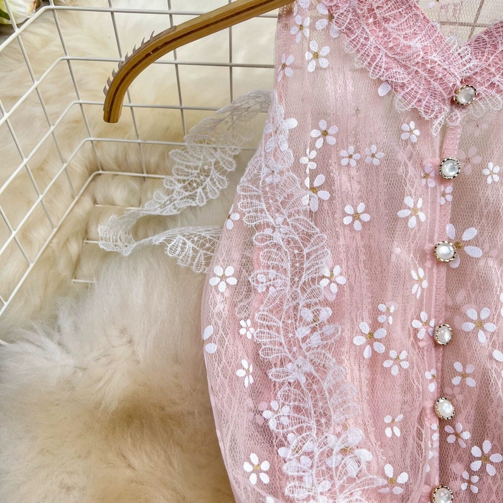 Luxury and luxurious style stand up collar hanging neck off shoulder waist slim sleeveless dress mesh embroidery A-line large swing dress