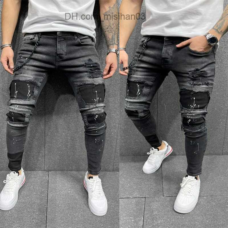 Men's Pants New Men's Four Seasons Small Feet Pencil Pants Stripe Denim Cropped Pants Stitching Pattern Jeans 2022 New Men's Jeans Z230