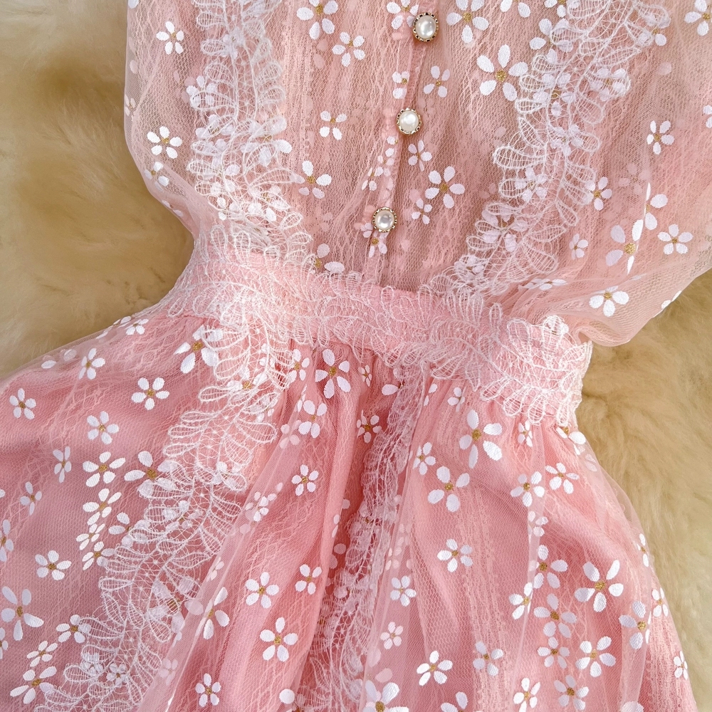 Luxury and luxurious style stand up collar hanging neck off shoulder waist slim sleeveless dress mesh embroidery A-line large swing dress