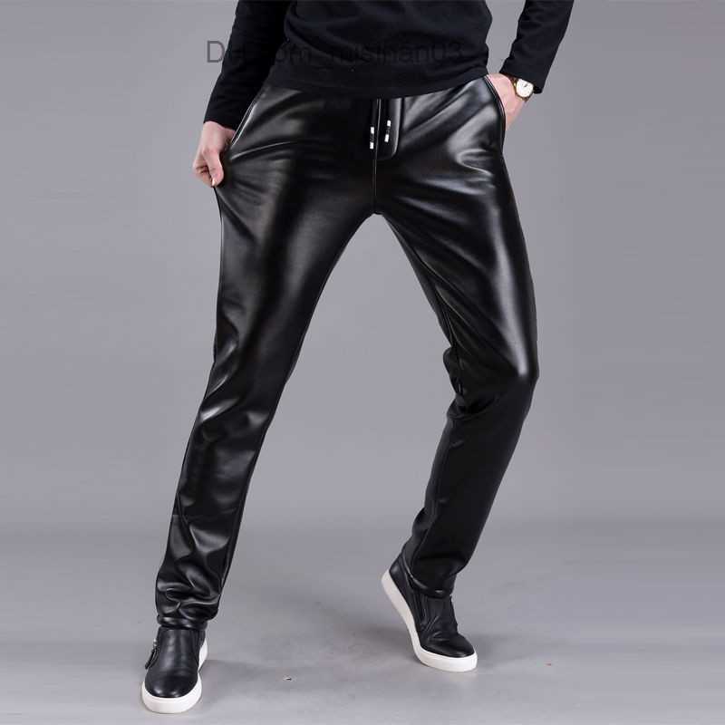 Men's Pants Spring and Summer Men's Leather Pants Elastic High Waist Lightweight Casual PU Leather Pants Thin Leather Pants Z230801