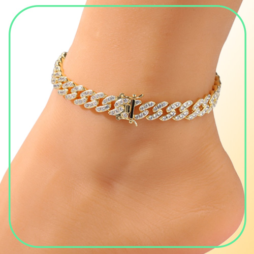 Fashion Womens Anklets Bracelet Iced Out Cuban Link Chain Anklet Bracelets Gold Silver Pink Diamond Hip Hop Jewelry