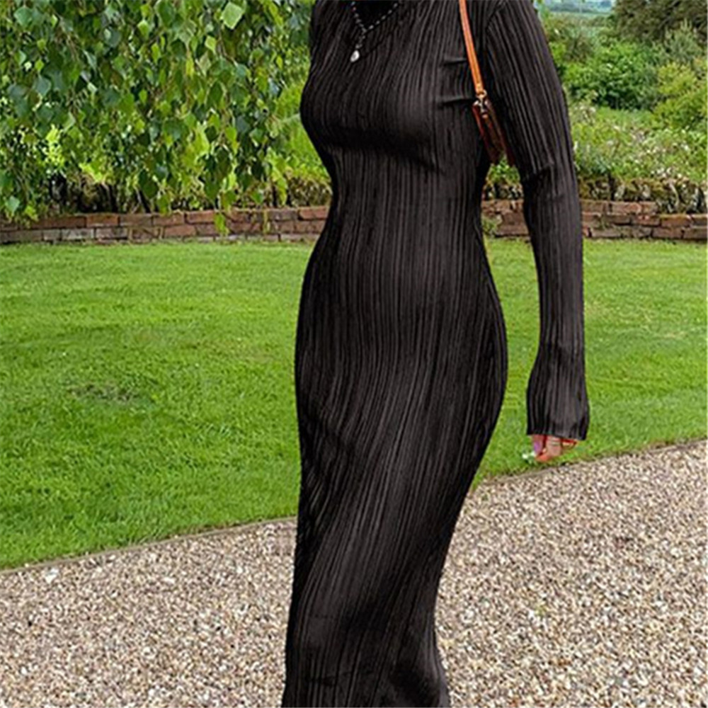 Designer skirt long Sleeve Dresses women dress Comfortable casual commuter urban women's round neck long sleeve slim pleated long skirt high-wais